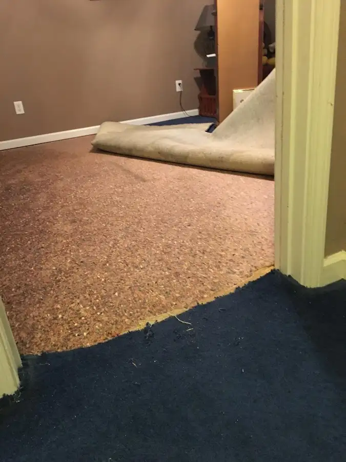 Carpet pad removal revealing water damage during Drying & Dehumidification in Temple City